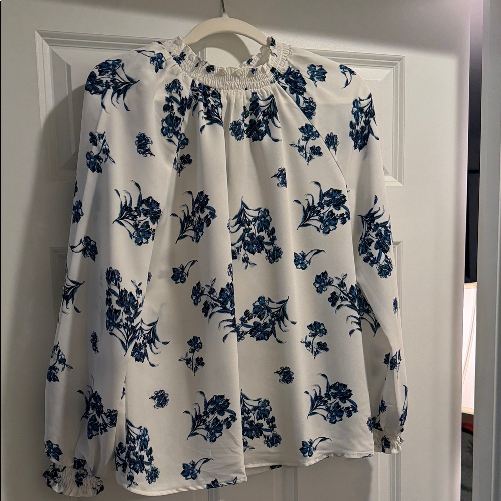 LOFT Ivory and Navy Floral Blouse
